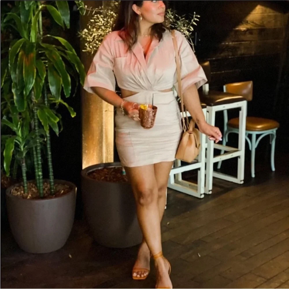 ZARA Blogger Favorite Linen Blend Sand Cut Out Mini Dress Size Small - Picture 6 of 14